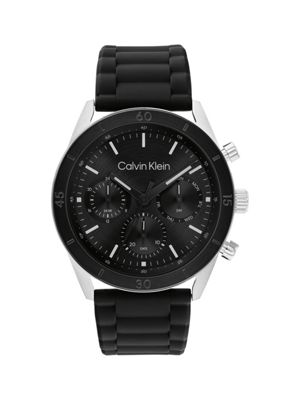 black wielofunkcyjny zegarek ze stali nierdzewnej z silikonowym paskiem dla mężczyźni - calvin klein