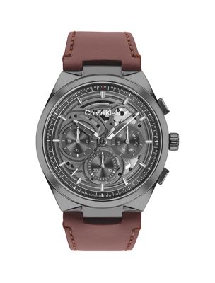 montre squelettée multifonction avec bracelet en cuir brown pour hommes calvin klein