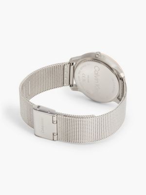 silver monogram logo mesh bracelet watch for adults gender inclusive calvin klein