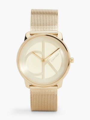 gold monogram logo mesh bracelet watch for adults gender inclusive calvin klein