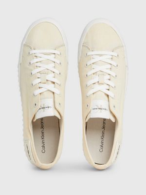 creamy white/bright white washed canvas trainers for men calvin klein jeans