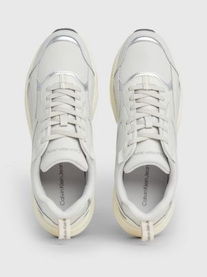 oyster mushroom/creamy white/silver leather trainers for men calvin klein jeans