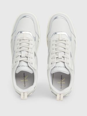 oyster mushroom/creamy white/silver leather trainers for men calvin klein jeans