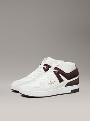 creamy white/bitter chocolate leather high-top trainers for men calvin klein jeans