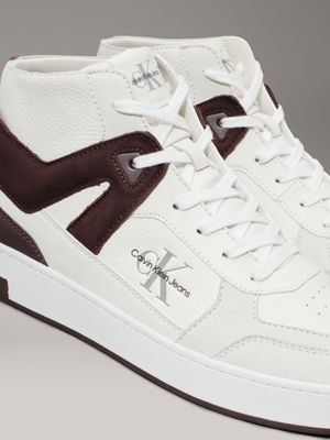 creamy white/bitter chocolate leather high-top trainers for men calvin klein jeans