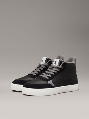 black/charcoal grey/bright white leather high-top trainers for men calvin klein jeans