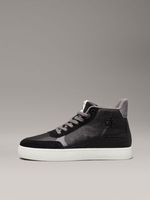 black/charcoal grey/bright white leather high-top trainers for men calvin klein jeans