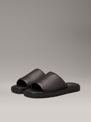 triple black leather sliders for men calvin klein jeans