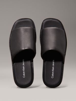 triple black leather sliders for men calvin klein jeans