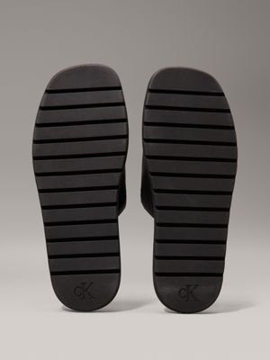 triple black leather sliders for men calvin klein jeans