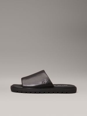 triple black leather sliders for men calvin klein jeans