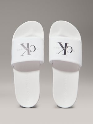 triple bright white canvas logo sliders for men calvin klein jeans