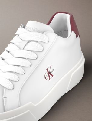 bright white/rhubarb leather signature logo trainers for men calvin klein