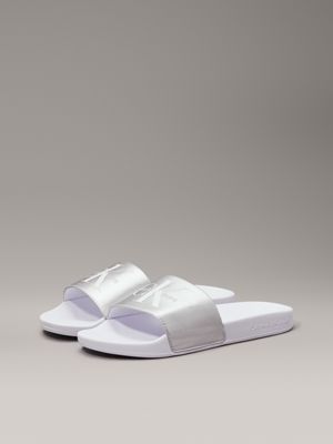 bright white/silver pearlised logo sliders for women calvin klein jeans