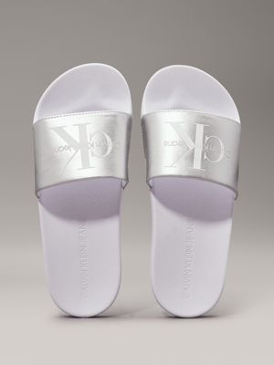 bright white/silver pearlised logo sliders for women calvin klein jeans