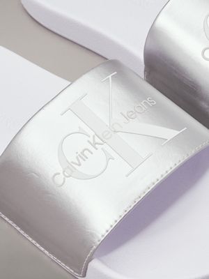 bright white/silver pearlised logo sliders for women calvin klein jeans