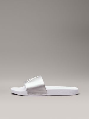 bright white/silver pearlised logo sliders for women calvin klein jeans