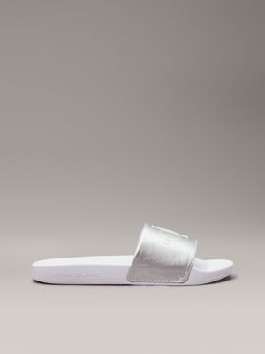 white pearlised logo sliders for women calvin klein jeans