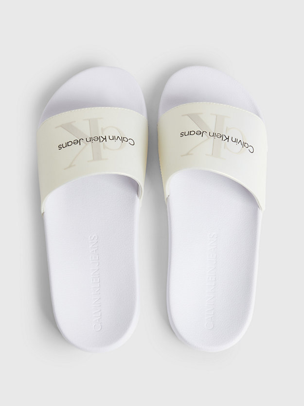 BRIGHT WHITE/CREAMY WHITE/EGGSHELL Perlmuttartige Logo-Slippers aus Recycling-Material für Damen CALVIN KLEIN JEANS