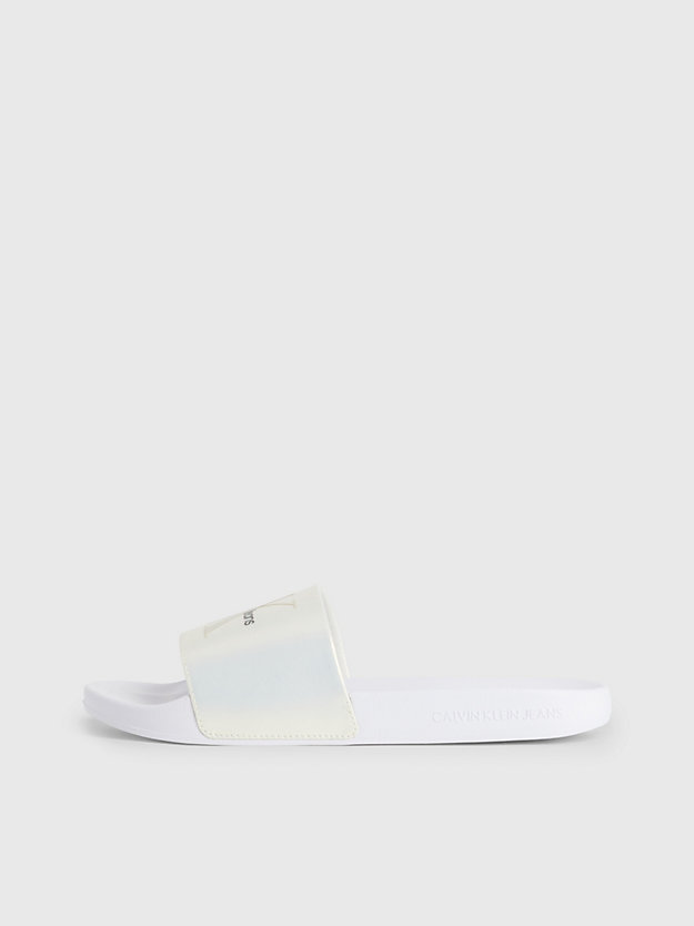 BRIGHT WHITE/CREAMY WHITE/EGGSHELL Perlmuttartige Logo-Slippers aus Recycling-Material für Damen CALVIN KLEIN JEANS