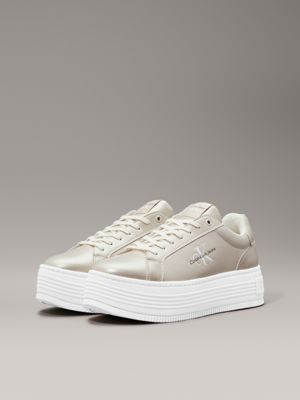 creamy white/white metallic leather platform trainers for women calvin klein jeans