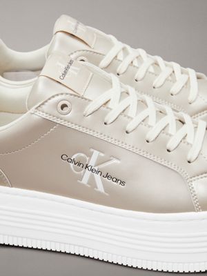 creamy white/white metallic leather platform trainers for women calvin klein jeans