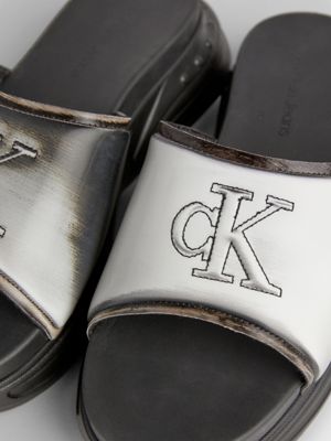 black/silver metallic lenticular logo sliders for women calvin klein jeans