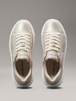 creamy white/white metallic leather trainers for women calvin klein jeans