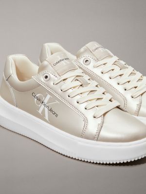 creamy white/white metallic leather trainers for women calvin klein jeans