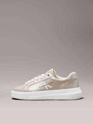 creamy white/white metallic leather trainers for women calvin klein jeans