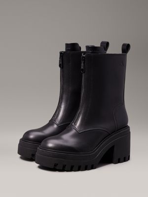 triple black leather chunky heeled boots for women calvin klein jeans