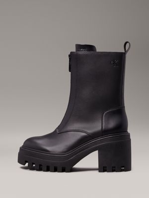 triple black leather chunky heeled zip boots for women calvin klein jeans