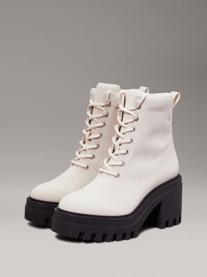 eggshell/black leather chunky heeled boots for women calvin klein jeans