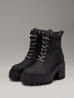 triple black leather chunky heeled boots for women calvin klein jeans