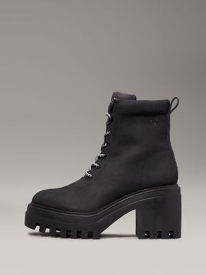 triple black leather chunky heeled boots for women calvin klein jeans