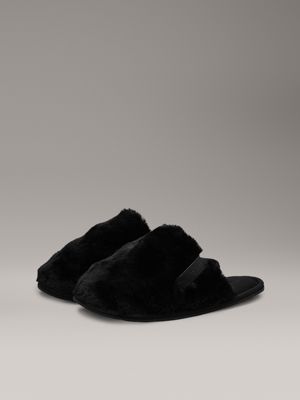 triple black faux fur winter slippers for women calvin klein jeans