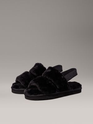 triple black faux fur slippers for women calvin klein jeans