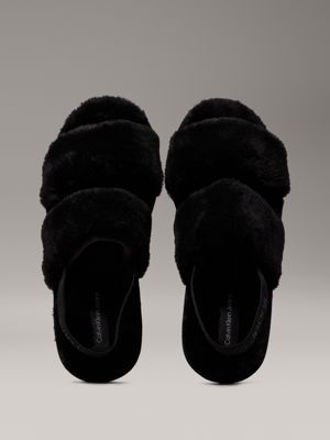 triple black faux fur slippers for women calvin klein jeans