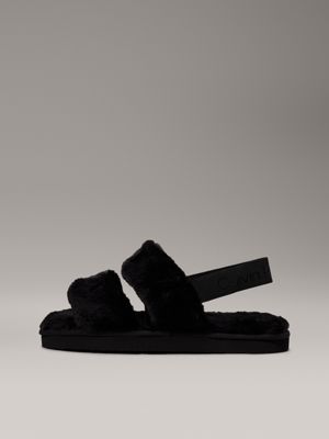 triple black faux fur slippers for women calvin klein jeans