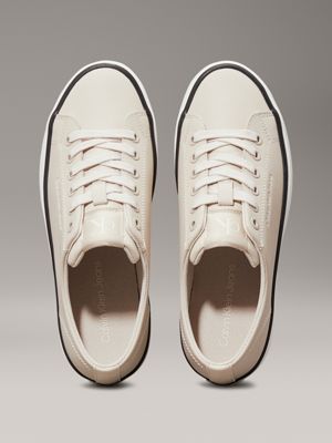 eggshell/bright white/black leather platform trainers for women calvin klein jeans