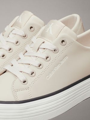eggshell/bright white/black leather platform trainers for women calvin klein jeans