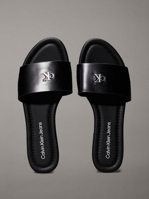 triple black faux leather sliders for women calvin klein jeans