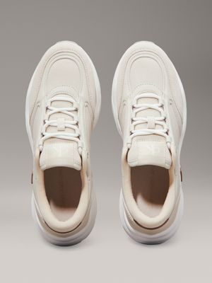 eggshell/silver birch faux leather trainers for women calvin klein jeans